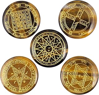 sunyik 5 件 水晶老虎眼女巫符符文石雕刻所罗门符号抛光石,用于冥想